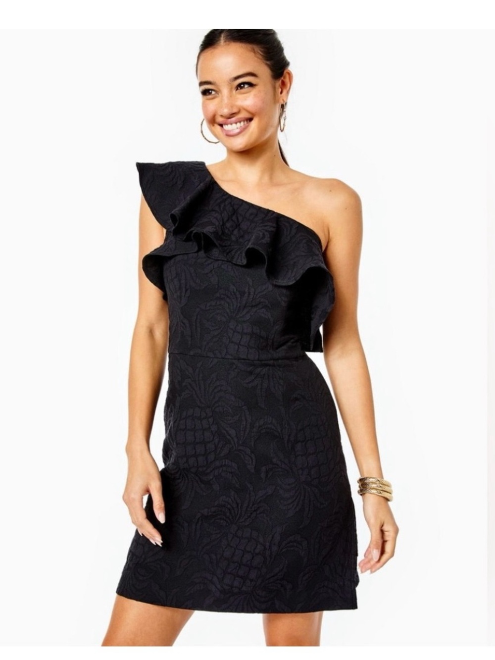 Lilly Pulitzer Black One-Shoulder Ruffle Jacquard Romper